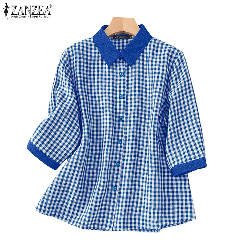 ZANZEA ซานเซีย ผู้หญิงเกาหลีปกสบายๆ3/4แขนสีคมชัดลายสก๊อตลายสก๊อตเสื้อหลวม