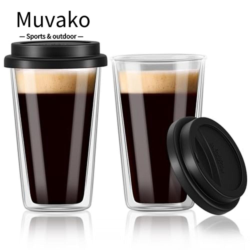 Muvako แก้วกาแฟแก้วติดผนังคู่, ถ้วยน้ําสีดํา 350 มล., พร้อมฝาปิดซิลิโคนซิลิโคน ถ้วยกาแฟแก้วบอโรซิลิเกตสูง