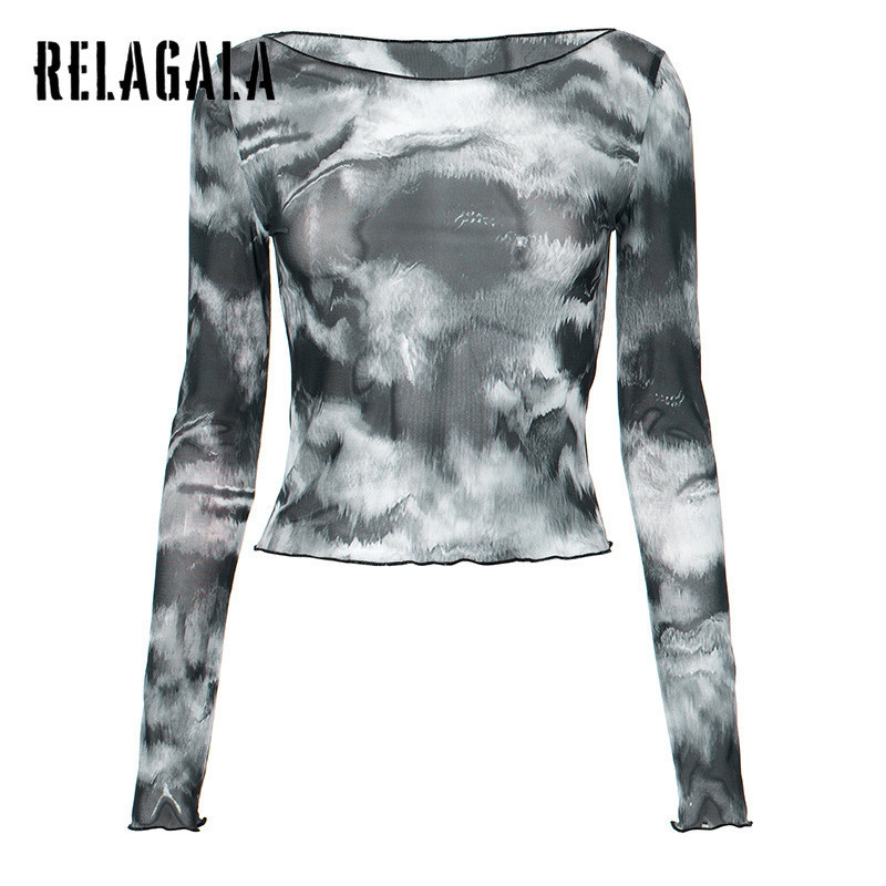 Relagala Womens 2024 แฟชั่นใหม่ปิดไหล่ Slim แขนยาวพิมพ์เสื้อยืดอเนกประสงค์