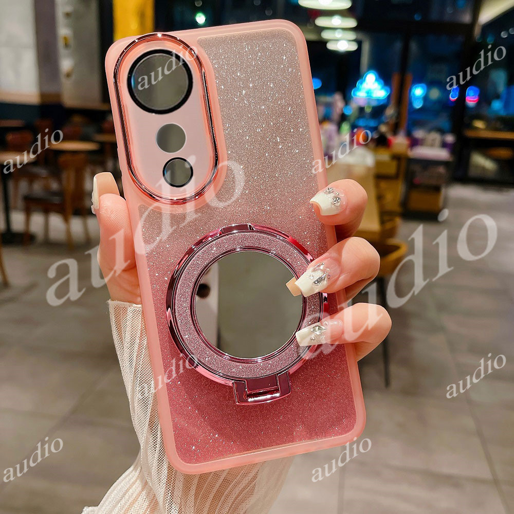 Vivo V40 Pro 5G Glitter Bling Mirror Magnetic Bracket เคสโทรศัพท์สําหรับ VivoV40 Pro 5G 2024 เลนส์กล้องฟิล์มป้องกัน Glitter เคสโทรศัพท์พร้อมขาตั้งเดสก์ท็อปแหวนนิ้ววงเล็บ