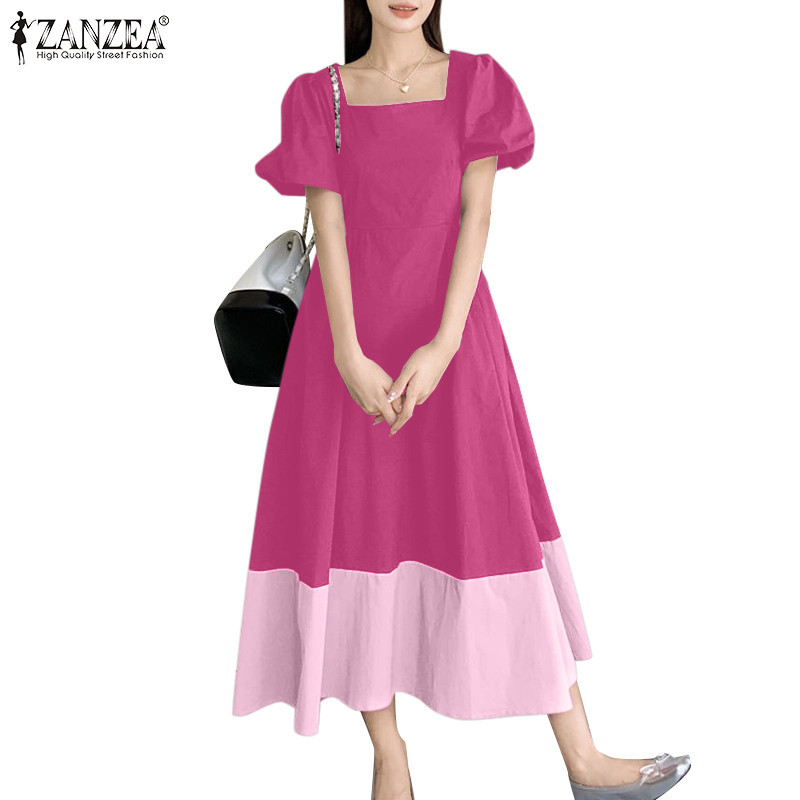 ZANZEA ใส่ ซานเซีย ผู้หญิงเกาหลีสีคมชัดสแควร์คอแขนสั้นชุดหลวม