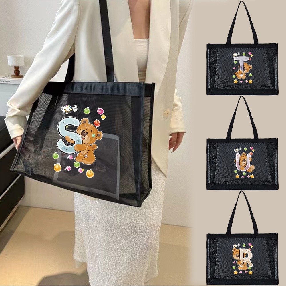 กระเป๋าช้อปปิ้งเมช โปร่งใส กระเป๋าถือ ที่เก็บของ ผู้หญิง กระเป๋าสตางค์ Mesh Shopping Bag Bear Letter Printing