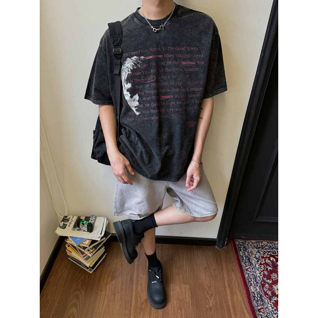 Beeyanbuy เสื้อยืด Unisex เสื้อยืดแขนสั้นหลวมพิมพ์ลายตัวอักษรสไตล์สตรีทแฟชั่น #I133