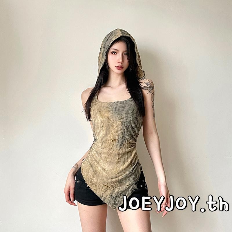 Joeyjoy-เสื้อกล้ามมีฮู้ดสำหรับผู้หญิง แขนกุด ขาดรุ่ย เปิดหลัง เสื้อกั๊กไม่สมมาตร
