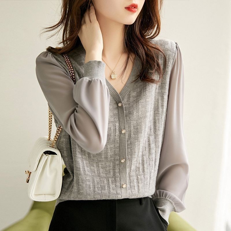 เสื้อสเวตเตอร์คอวีผู้หญิงแฟชั่นฝรั่งเศสแขนยาวด้านบน