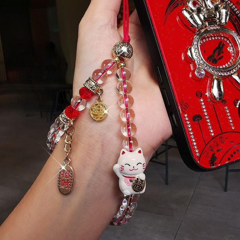 [พีดีเอ็ม] โชคดีแมวใสข้อมือแขวนโซ่โทรศัพท์มือถือเชือกเส้นเล็กหญิงเคสโทรศัพท์สากลนาฟูจี้มือลูกปัดจี้