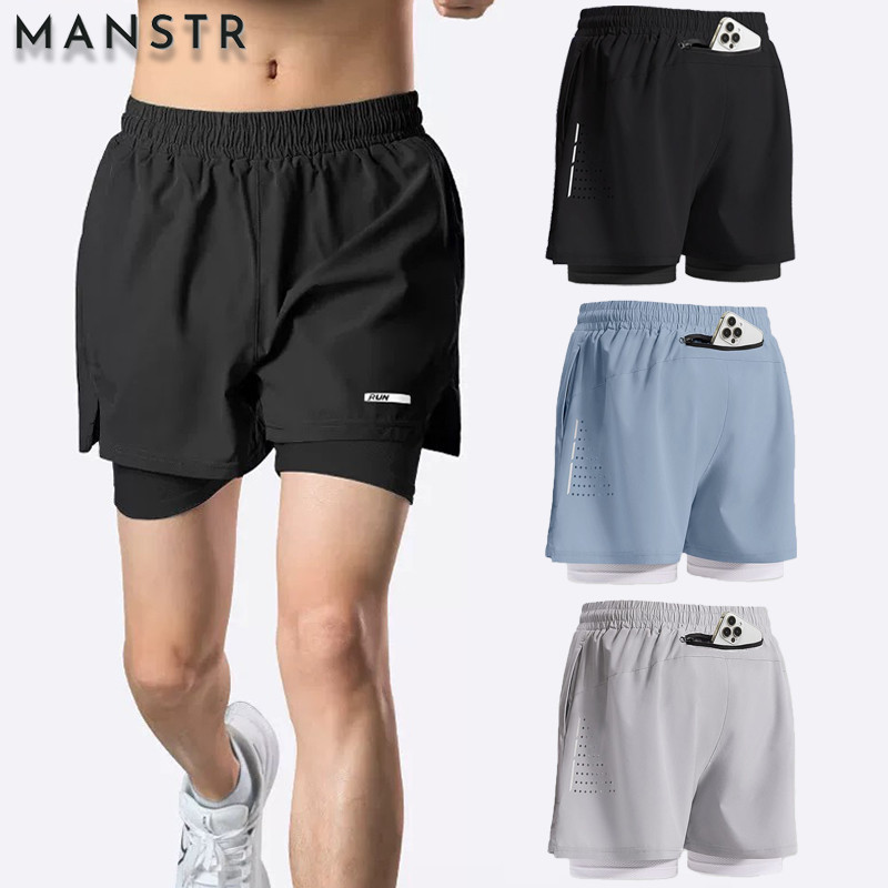 MANSTR ม-5เอ็กแอล คุณภาพ2 ใน 1ออกกําลังกายกางเกงขาสั้นวิ่งกางเกงกีฬาตาข่ายสองชั้นกางเกงขาสั้นกางเกงสําหรับผู้ชายและผู้หญิง ดร พอดี กางเกงขี่จักรยานสีดํา/สีเทา/สีฟ