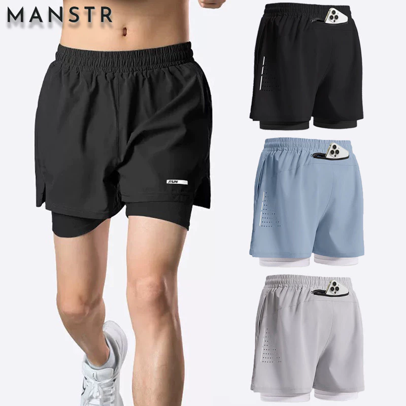 MANSTR ม-5เอ็กแอล คุณภาพ2 ใน 1ออกกําลังกายกางเกงขาสั้นวิ่งกางเกงกีฬาตาข่ายสองชั้นกางเกงขาสั้นสําหรับผู้ชายและผู้หญิง ดร พอดี ขี่จักรยานสีดํา/สีเทา/สีฟ