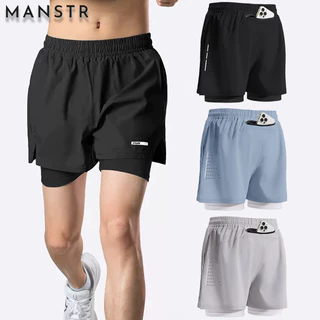MANSTR ม-5เอ็กแอล คุณภาพ2 ใน 1ออกกําลังกายกางเกงขาสั้นวิ่งกางเกงกีฬาตาข่ายสองชั้นกางเกงขาสั้นสําหรับผู้ชายและผู้หญิง ดร พอดี ขี่จักรยานสีดํา/สีเทา/สีฟ