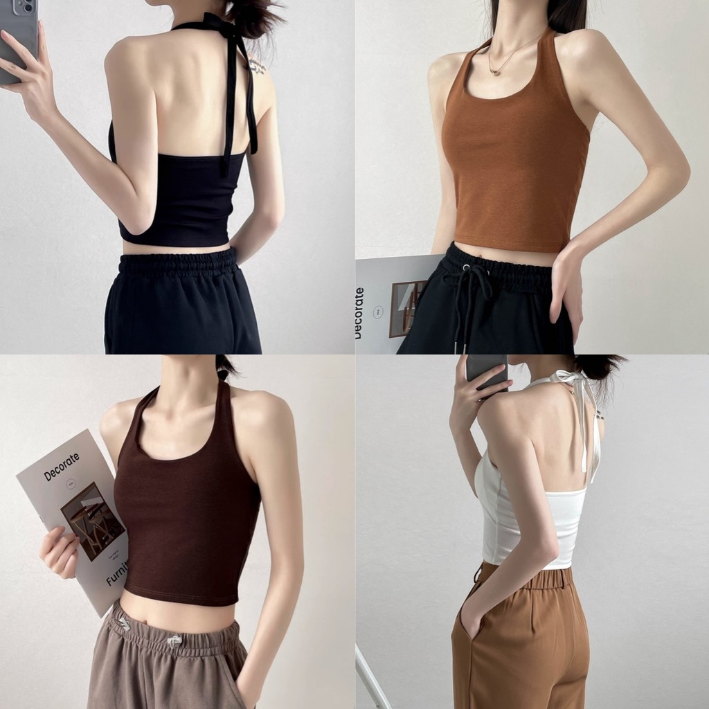 🍓Evelyn🍓เสื้อสายเดี่ยว ผ้าสีพื้น ซับใน เข้ารูป เซ็กซี่ ผอมเพรียว เสื้อคล้องคอ สไตล์ลำลอง ใส่ไปทะเล#F
