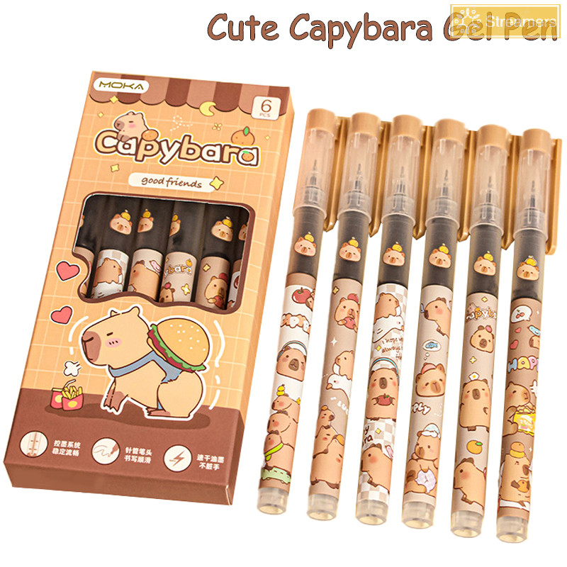 {Streamers} 6 ชิ้น Kawaii Capybara ปากกาเจล Wrig Smooth ปากกาหมึกสีดําอุปกรณ์สํานักงานโรงเรียนนักเรียนครูของขวัญความงามเครื่องเขียนใหม่