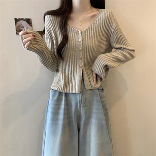 V คอถักเสื้อสเวตเตอร์ถักผู้หญิงฤดูใบไม้ผลิฤดูใบไม้ร่วงสไตล์ใหม่ Classy Slimmer ดูเนื้อ-Covering