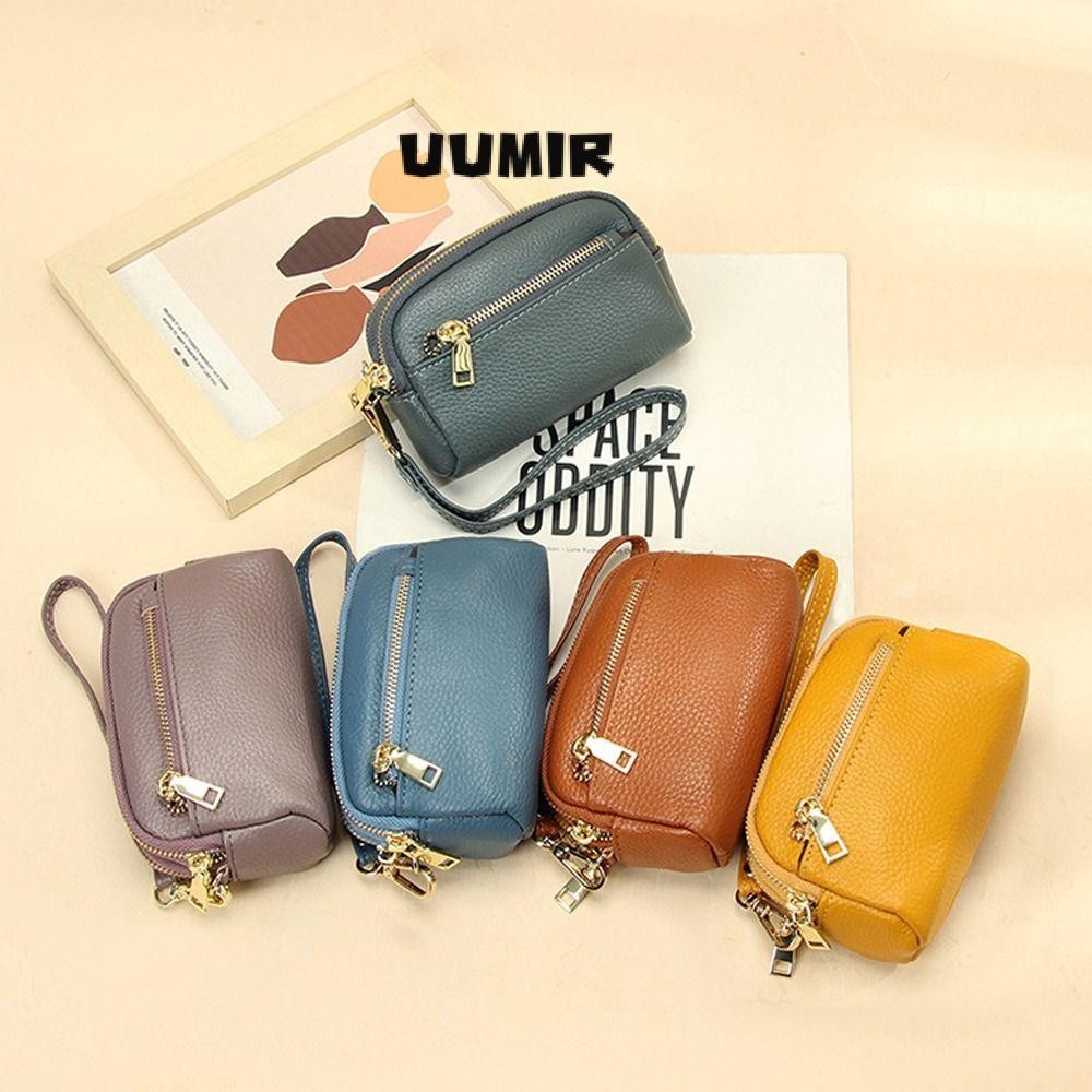 UUMIR กระเป๋าสตางค์กระเป๋าซิปสีทึบสามซิปกระเป๋าใส่เหรียญลําลองหนังวัวเรียบง่ายสําหรับผู้หญิง