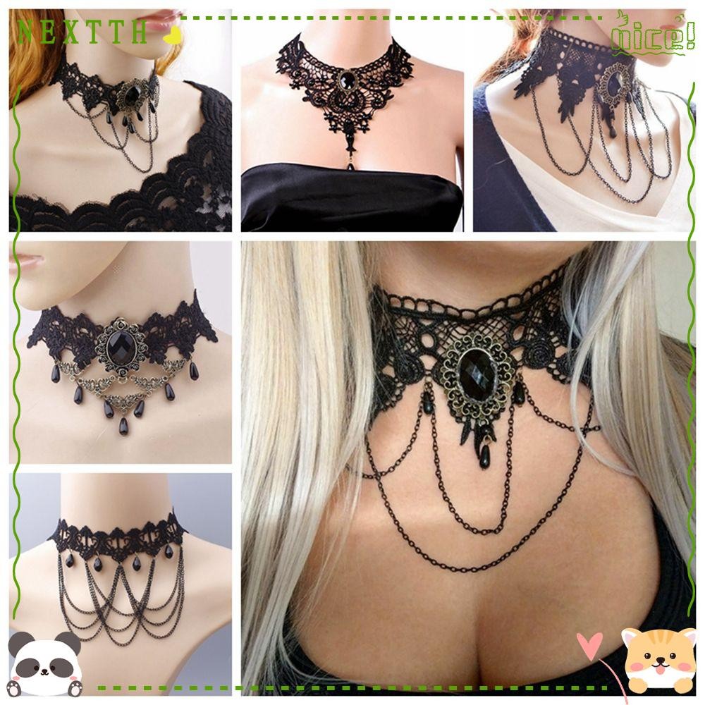 Nextth สร้อยคอลูกไม้สีดําเครื่องประดับ Steampunk สไตล์ Vintage ผู้หญิง Chokers