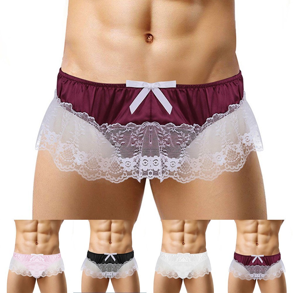 (BLURVER) ผู้ชาย Sissy Lace กางเกงชั้นในซีทรูเซ็กซี่ซาติน G-String Thong ชุดชั้นใน