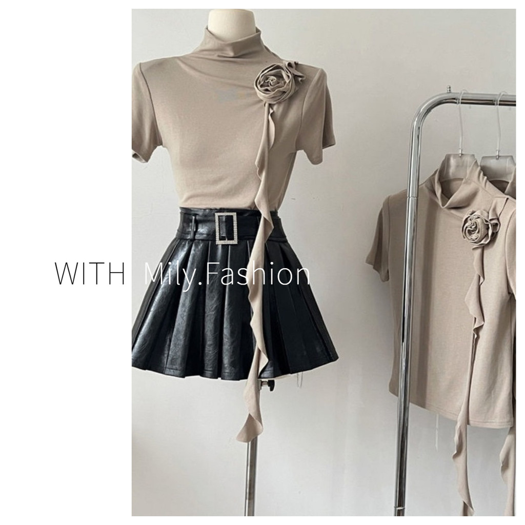 Milyfashion Pure Desire เสื้อยืดแขนสั้น คอสูง จับจีบ ทรงสลิมฟิต เซ็กซี่ สามมิติ สําหรับผู้หญิง