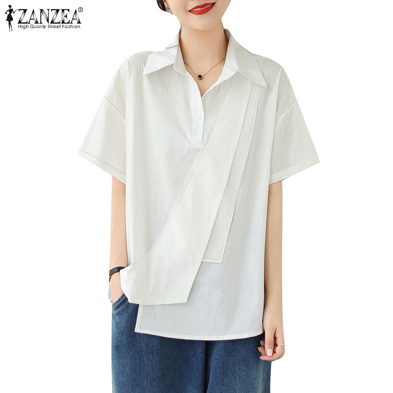 ZANZEA ใส่ ซานเซีย ผู้หญิงเกาหลีออกแบบทุกวันสีทึบประกบผิดปกติแขนสั้นเสื้อหลวม
