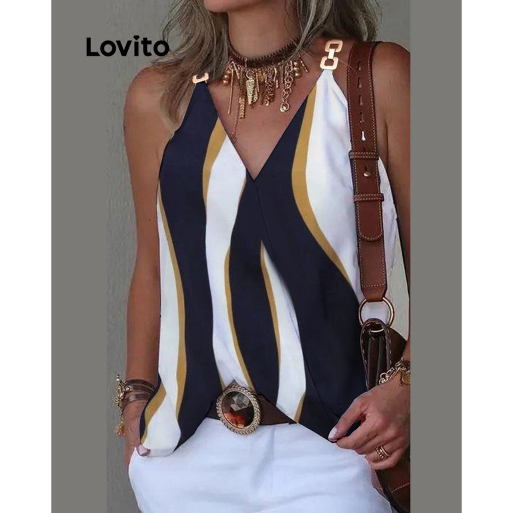 Lovito เสื้อแขนกุดผู้หญิง ลายเรขาคณิต แต่งโลหะ สไตล์ลำลอง LNL50067