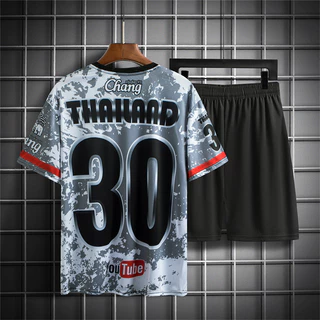 เสื้อยืด+กางเกงขาสั้น ชุดกีฬา ชุดเซ็ทเสื้อกางเกง พิมพ์ลายทั้งตัว กงสีดำพิมพ์ลาย + ธง Logoช้าง