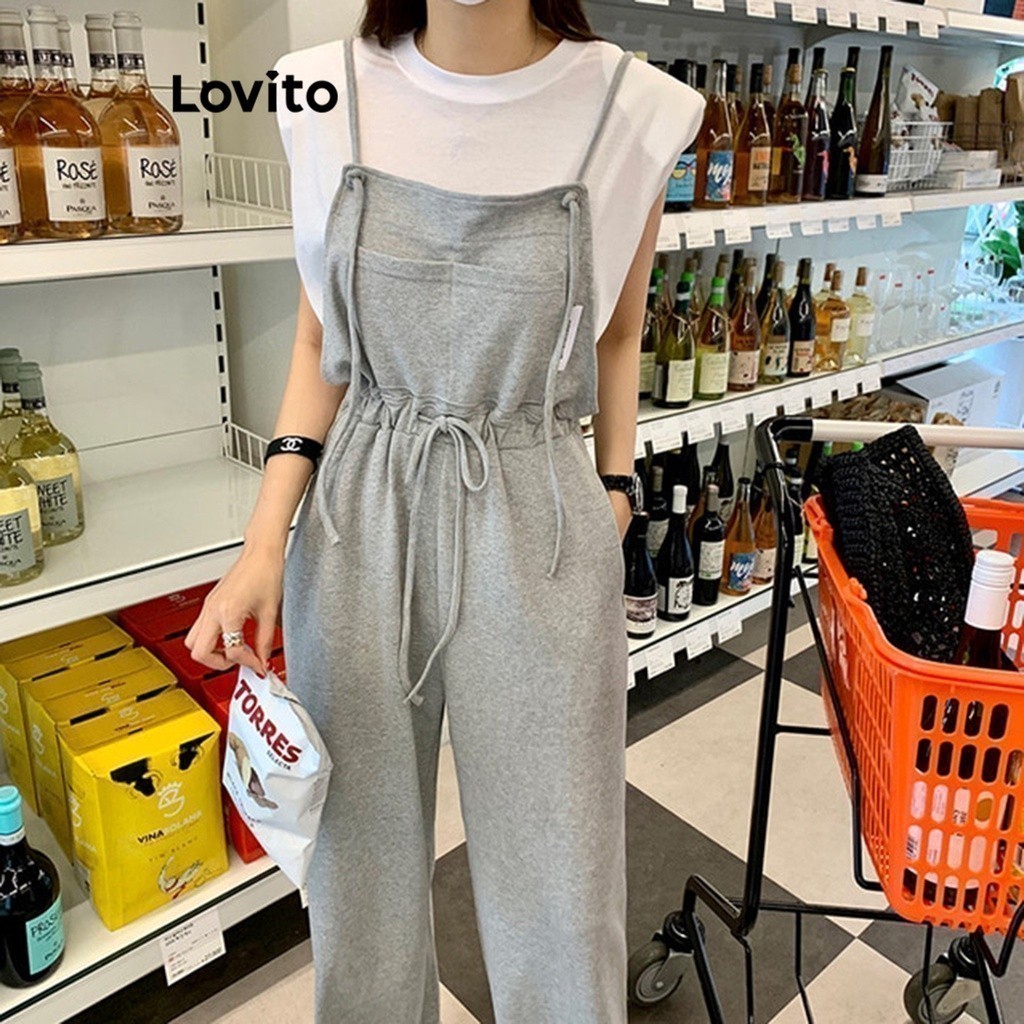 Lovito ชุดเอี๊ยมผู้หญิง แบบผูกเชือก มีกระเป๋า สีพื้น สไตล์ลำลอง LNE29492 (สีเทา)
