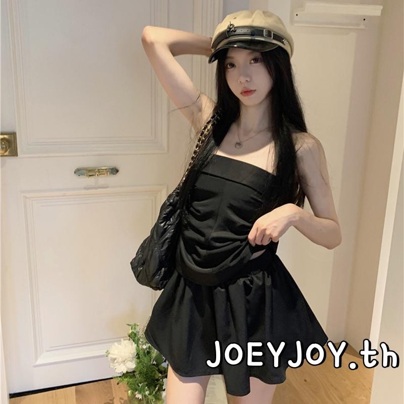 Joeyjoy-ผู้หญิง 2 ชิ้นชุดฤดูร้อนที่ไม่มีสายหนังเปลือยท่อจีบด้านบน + ชุดกระโปรงทรงเอขนาดเล็ก