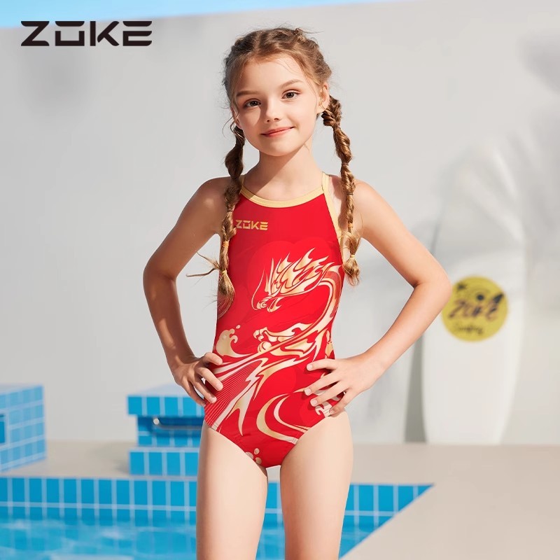 ชุดว่ายน้ำสาวสีแดง ZOKE การฝึกอบรมระดับมืออาชีพชุดว่ายน้ำกีฬา Upf 50 + สาวกันแดด (3-16 ปี)