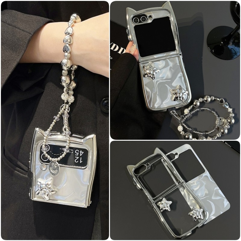 Electroplated Cat Ear Edge Flip Case Samsung Galaxy Z Flip 6 Z Flip 5 Z Flip 4 Z Flip 3 Casing Bracelet 3D Stars Link Buckle กันกระแทก Z Flip6 Flip5