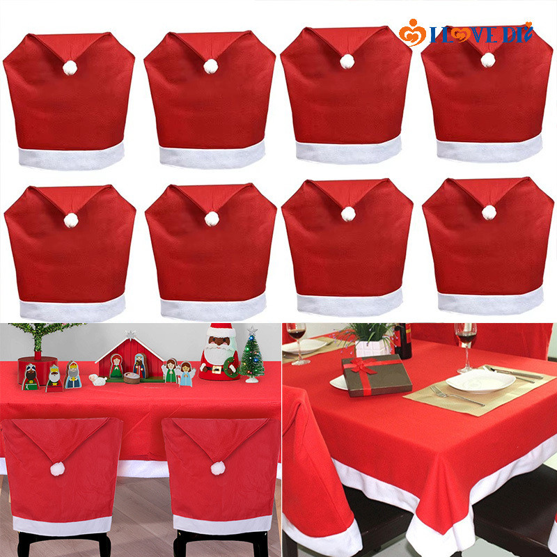 ผ้าปูโต๊ะตกแต่งคริสต์มาส-สีแดงไม่ทอซานตาคลอสหมวกเก้าอี้รับประทานอาหารปก-บ้านเทศกาลพรรคเครื่องประดับ