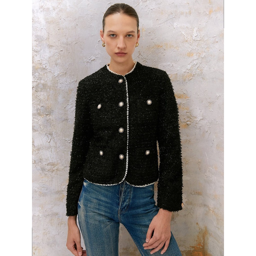 [Pomelo] เสื้อแจ็คเก็ตผ้าทวีดแต่งดีเทลตัดขอบด้วยลูกปัดไข่มุก / Pearl Beaded Contrast Trim Tweed Jacket