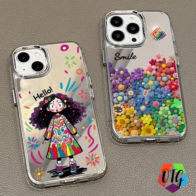 1 บาท ชุบกระจก เคสสวยๆ for iphone 11 15 16 12 13 14 pro max การ์ตูนกราฟฟิตี้ เคสกันกระแทก เคสมือถือ เด็กหญิงถือดอกไม้