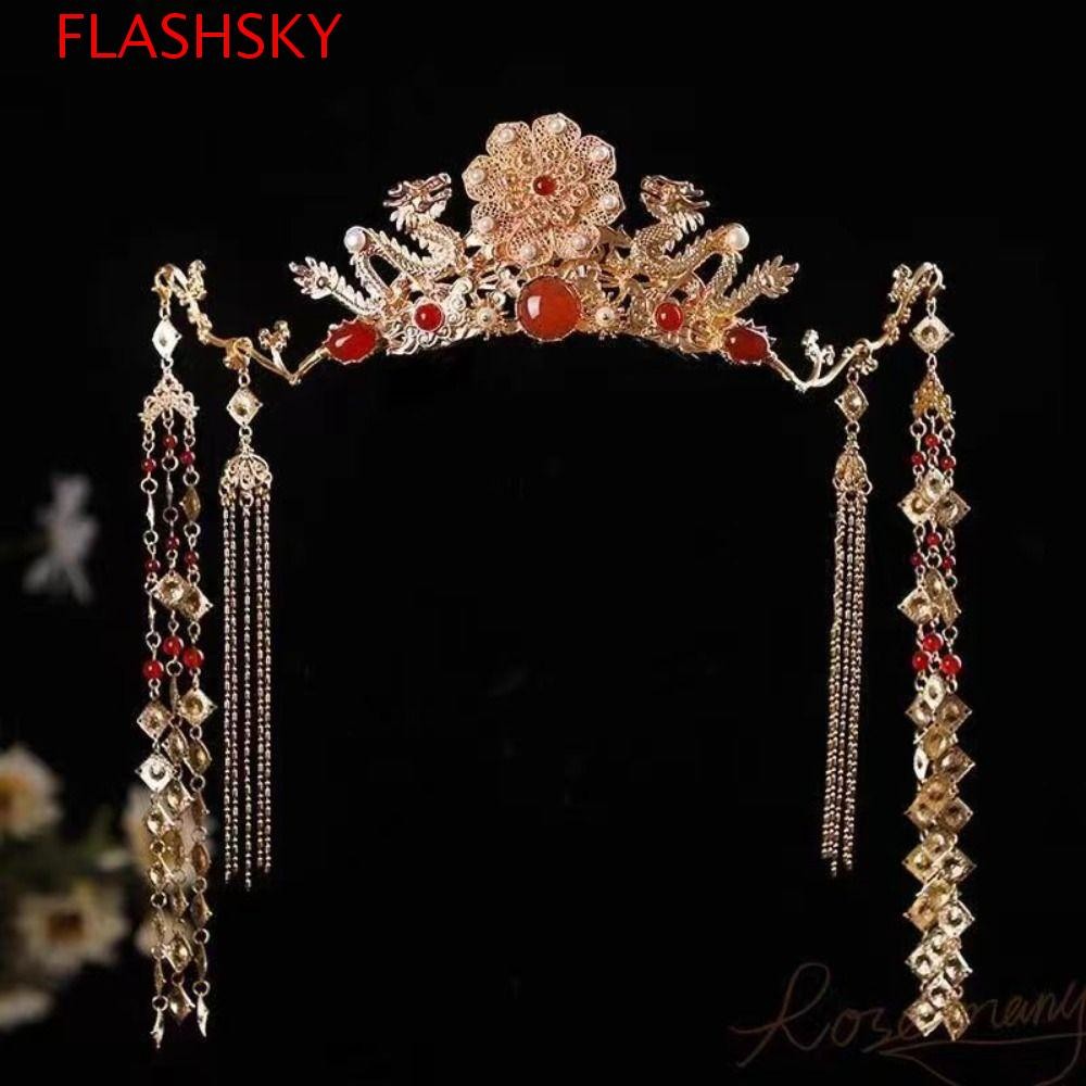 ที่คาดผมเจ้าสาว FLASHSKY, เครื่องประดับผมพลาสติกโลหะผสม, พู่สไตล์จีนโบราณเจ้าสาว Coronet Hanfu