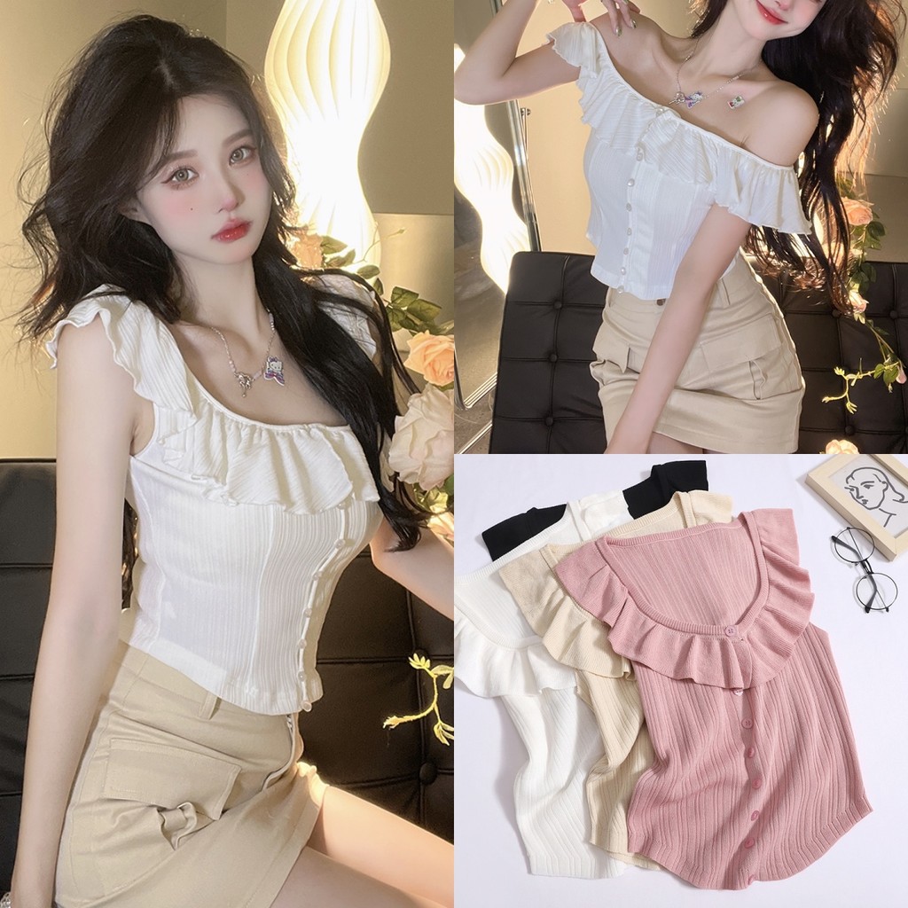 Evelyn ปาดไหล่ ผู้หญิง สีพื้น สไตล์เกาหลี เสื้อไหมพรมแขนกุด ใส่ได้2แบบน่ารักระบายข้างหน้า ส่งไวจากไทย#37033-N