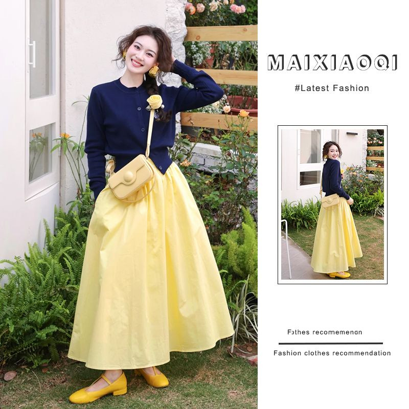 สูทผู้หญิงใหม่เกาหลีอ่อนโยนถักคาร์ดิแกน+กระโปรงเอวสูงบางชุดสองชิ้น