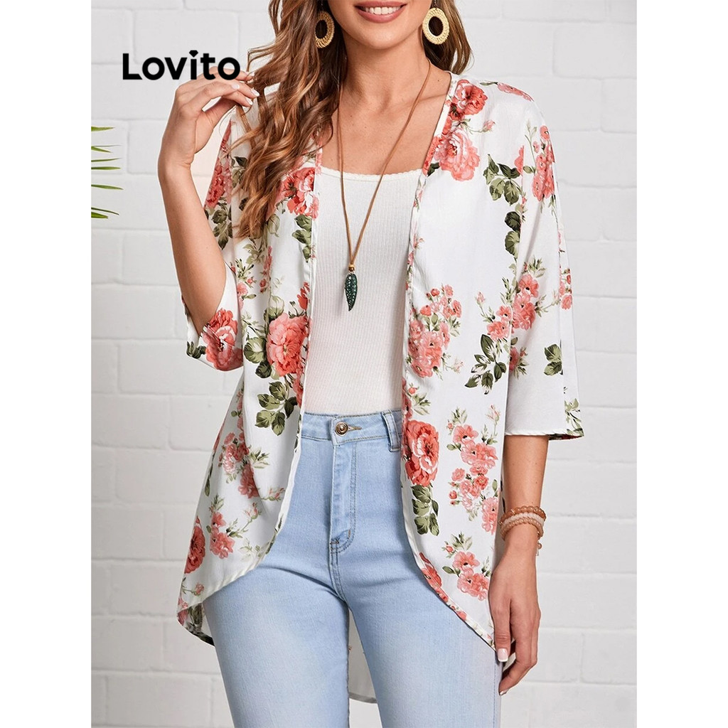 Lovito เสื้อโค้ทผู้หญิง ลายดอกไม้ ลายดอกไม้ สไตล์ลำลอง LBL14660