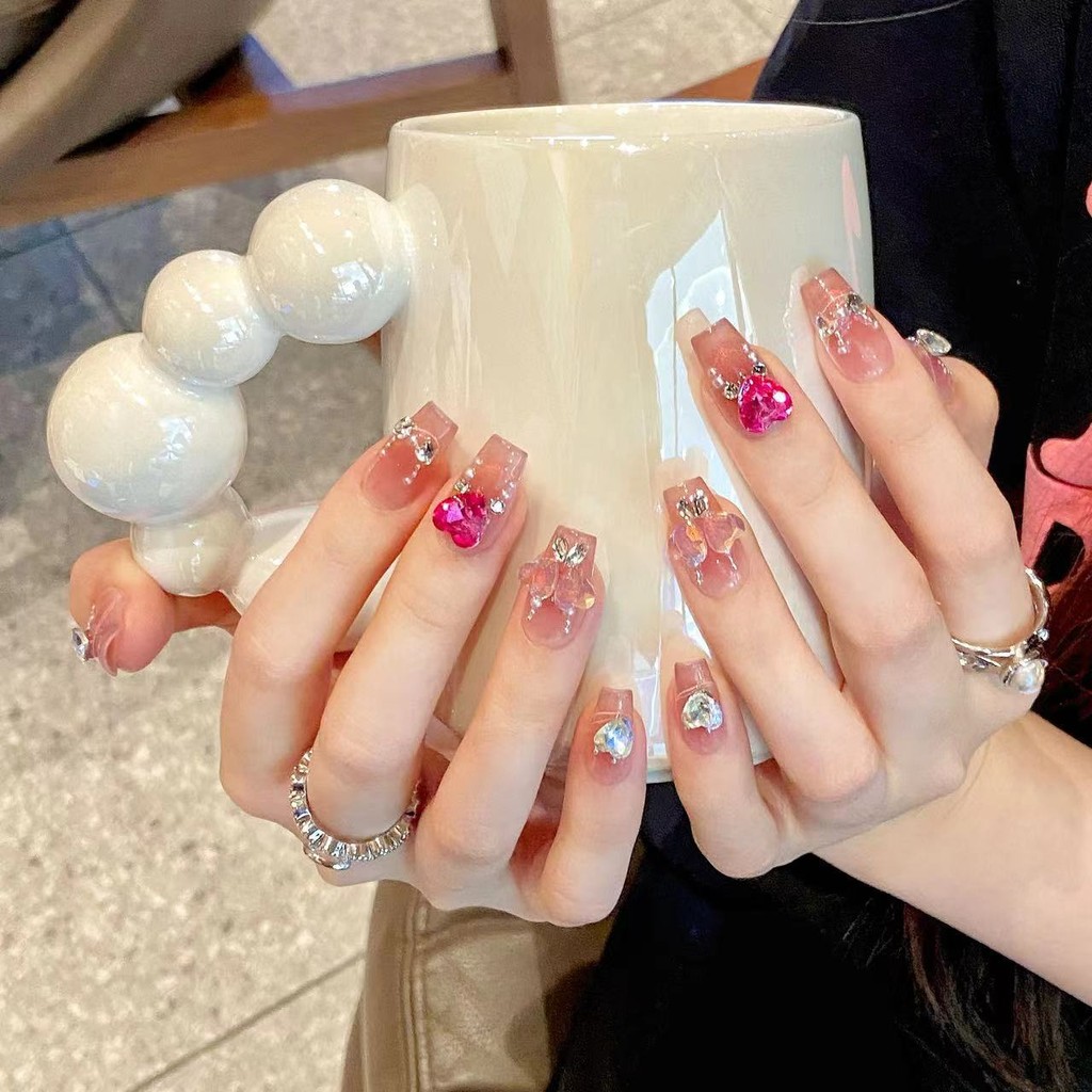 Handmade Wear Nail Lost Romance Cat Eye Rose Color Love Ice Transparent High-Grade Feeling Hand White Summer Nails