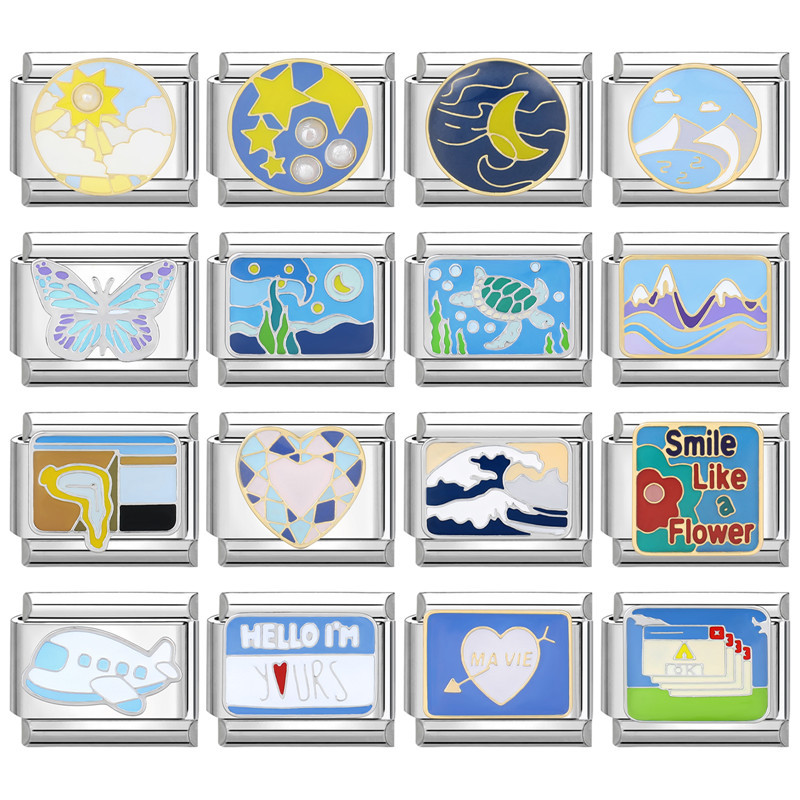 Blue Sky Moon Star Love ดอกไม้อิตาเลี่ยน Charm Links Fit 9 มม.สร้อยข้อมือสแตนเลส Diy เครื่องประดับทําอุปกรณ์เสริม Retro บุคลิกภาพโมดูลสร้อยข้อมืออุปกรณ์เสริม
