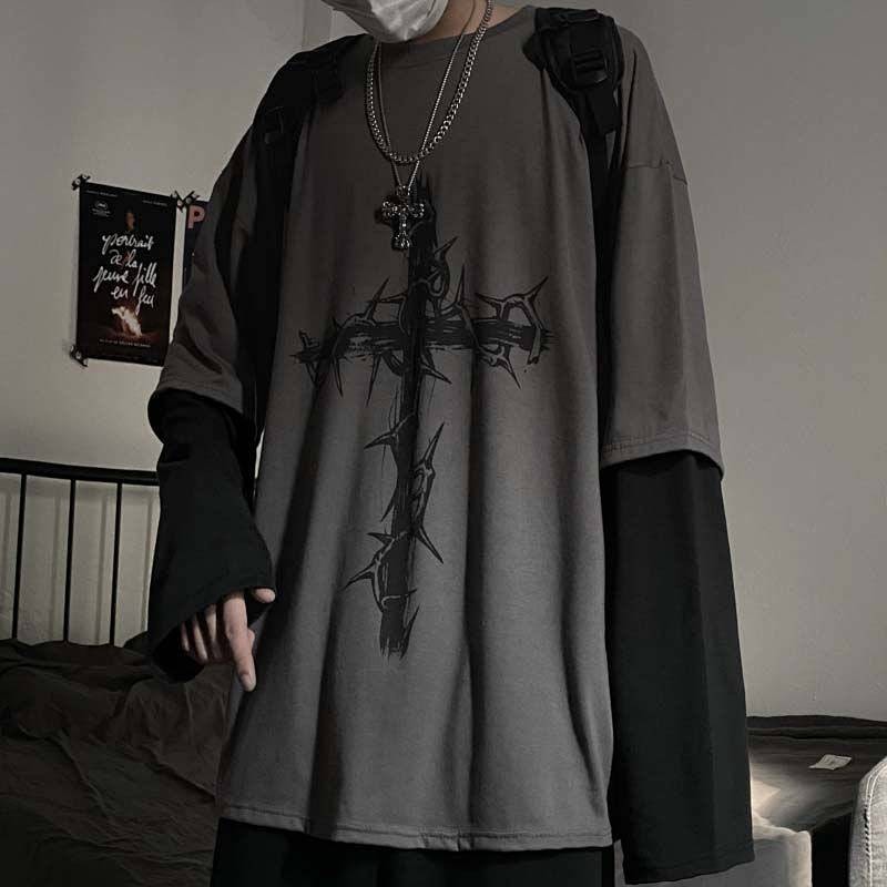 Autumn New Trendy Ins Dark Hip Hop Cross Print Loose plus Size Fake Two Pieces Long Sleeve T-shirt Men's and Women's Tops PKQ4