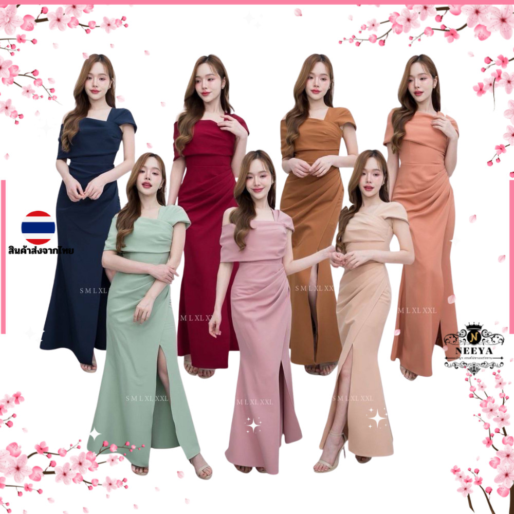 ชุดเดรสออกงาน ชุดราตรี เดรส Dress ชุดออกงาน เดรสยาว เกาะอกระบาย ปาดไหล่2ข้าง งานแต่งงาน ชุดราตรี Woman Dresses