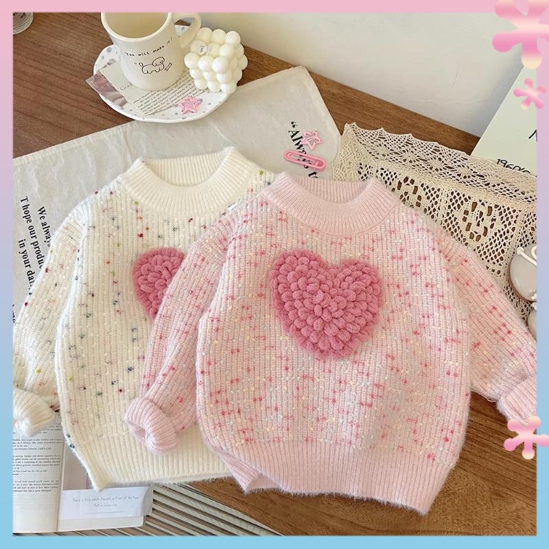Girls' Thickened Autumn and Winter Love Sweater2024New Korean Style Western Style Children's Baby Sweater Top