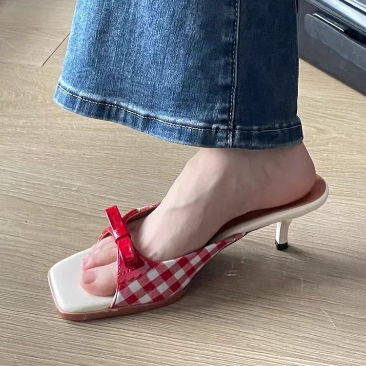 【Sweet Lady】รองเท้าส้นสูง สวมใส่ด้านนอก รองเท้าแตะสไตล์ใหม่รองเท้าส้นสูงฝรั่งเศสคําสไตล์แบนผู้หญิง