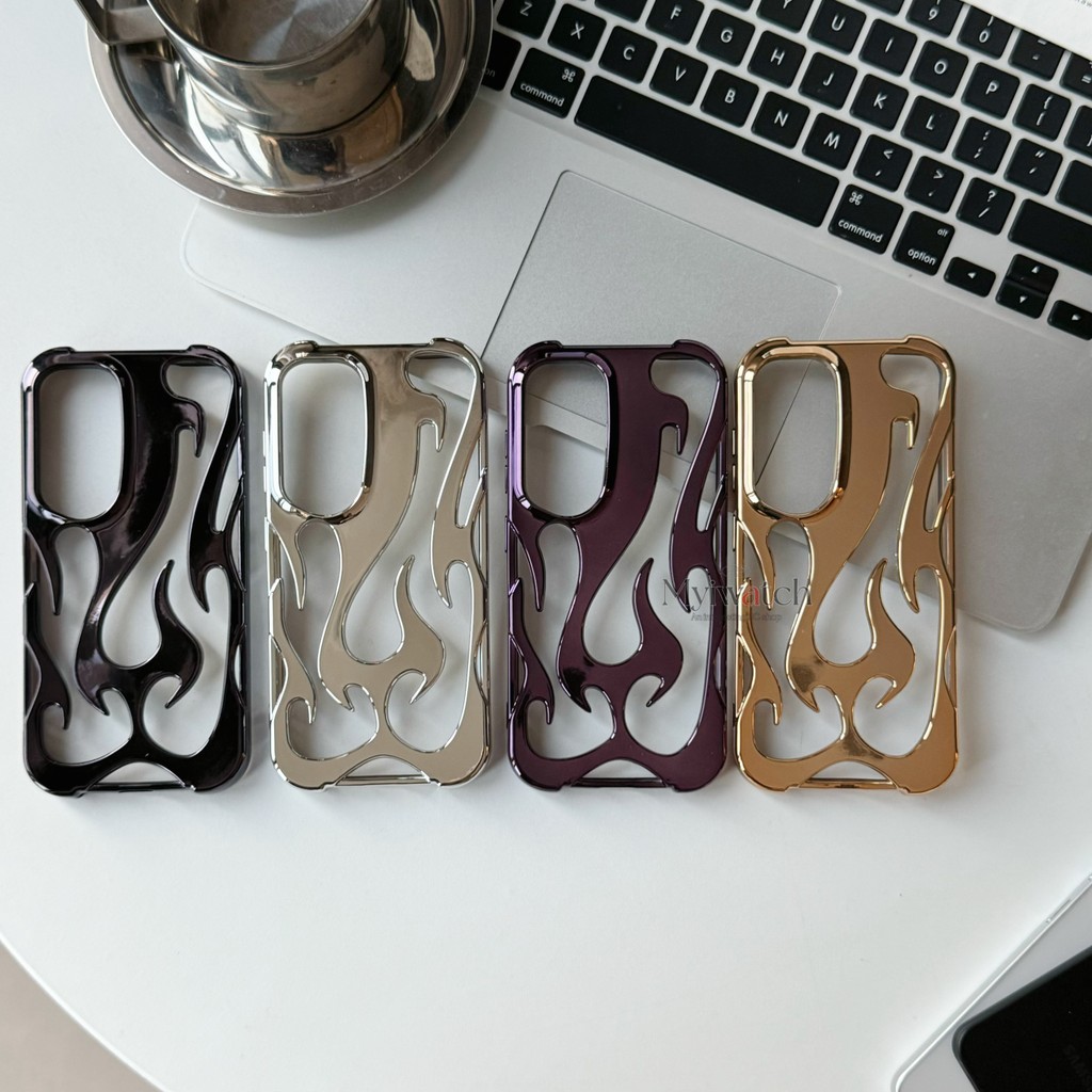 เคส TPU สีไฟฟ้าสําหรับ Samsung S22 S23 S24 Ultra A14 A15 A16 A54 A55 A06 Hollow Out Design เปลวไฟรูปร่างเต็มรูปแบบกระจกหลุมขนาดใหญ่ฝาครอบป้องกันการตก
