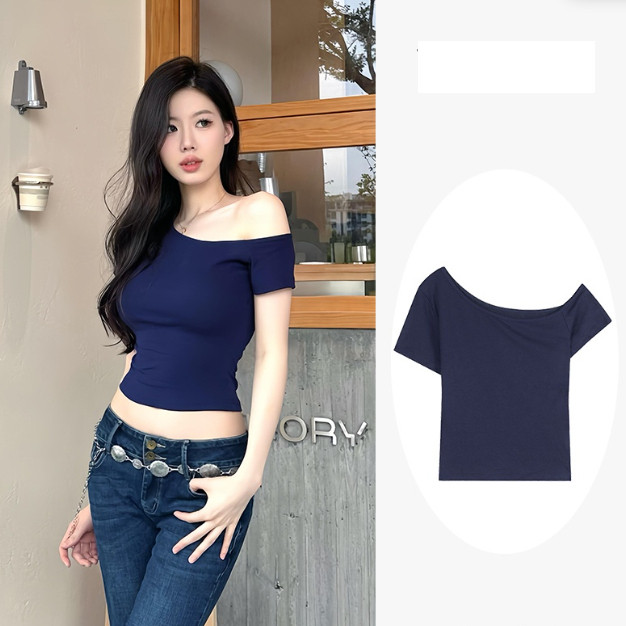 Du Yan เสื้อยืดแขนสั้นผู้หญิงสีกรมท่า Slim-Fit สลิมมิ่งและไหล่เสื้อยืดแขนสั้นกลวง