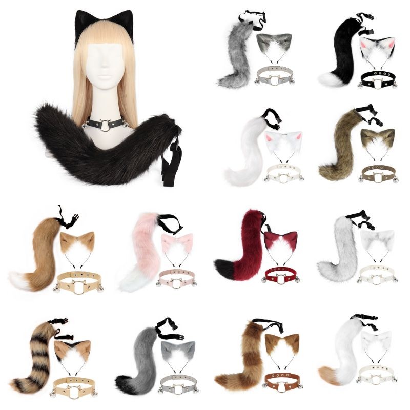 Y3pcs Cute Fox Ears Wolf Ears HairBand+Plush Tail +Bell Collar for Performance Halloween Costume Acc