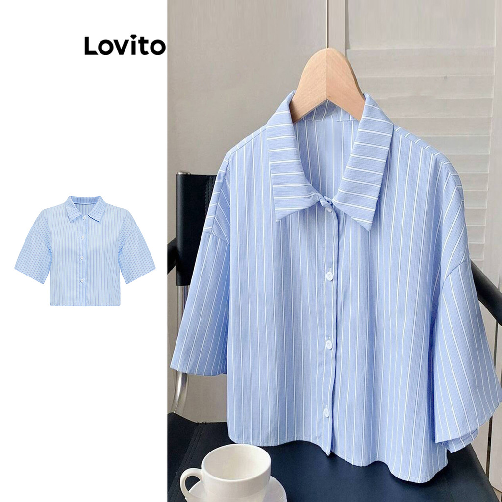 Lovito เสื้อเบลาส์ลายทางเรขาคณิตสำหรับผู้หญิง L104ED269