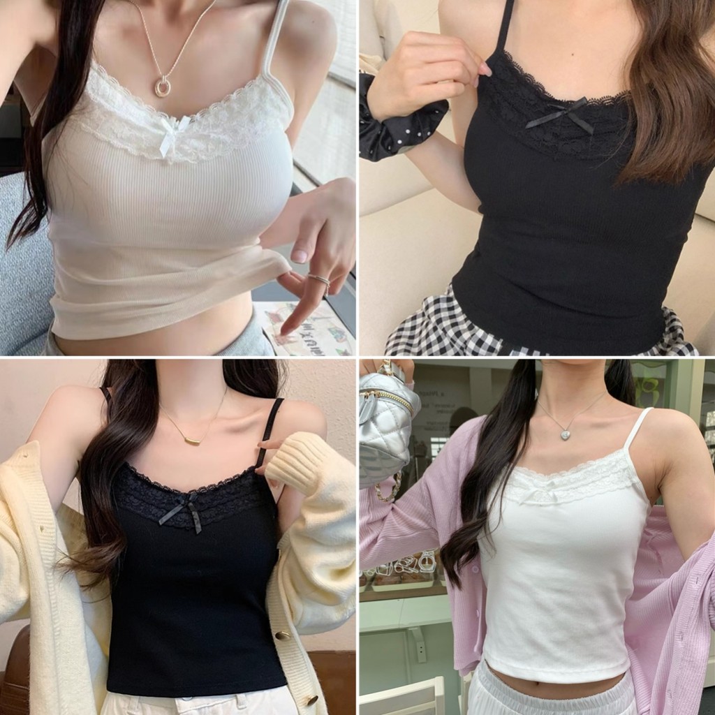 Betty house พร้อมส่ง เสื้อกล้ามผู้หญิง เสื้อกั๊กแขนกุด สีพื้น สายเดี่ยวลูกไม้โบว์ เซ็กซี่