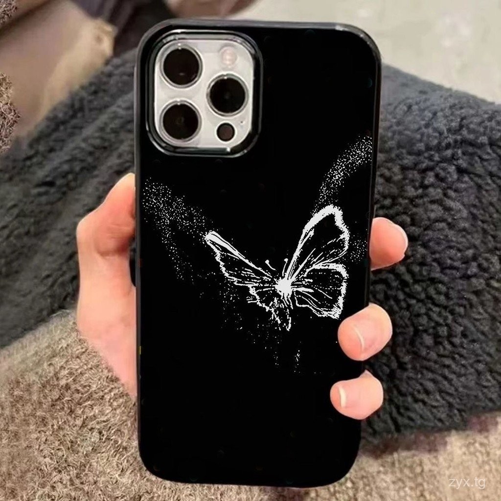 สีดำเงา iphone14plus เคส iPhone 13เรียบง่าย12Pro บุคลิกภาพ11เงาสีดำ15max