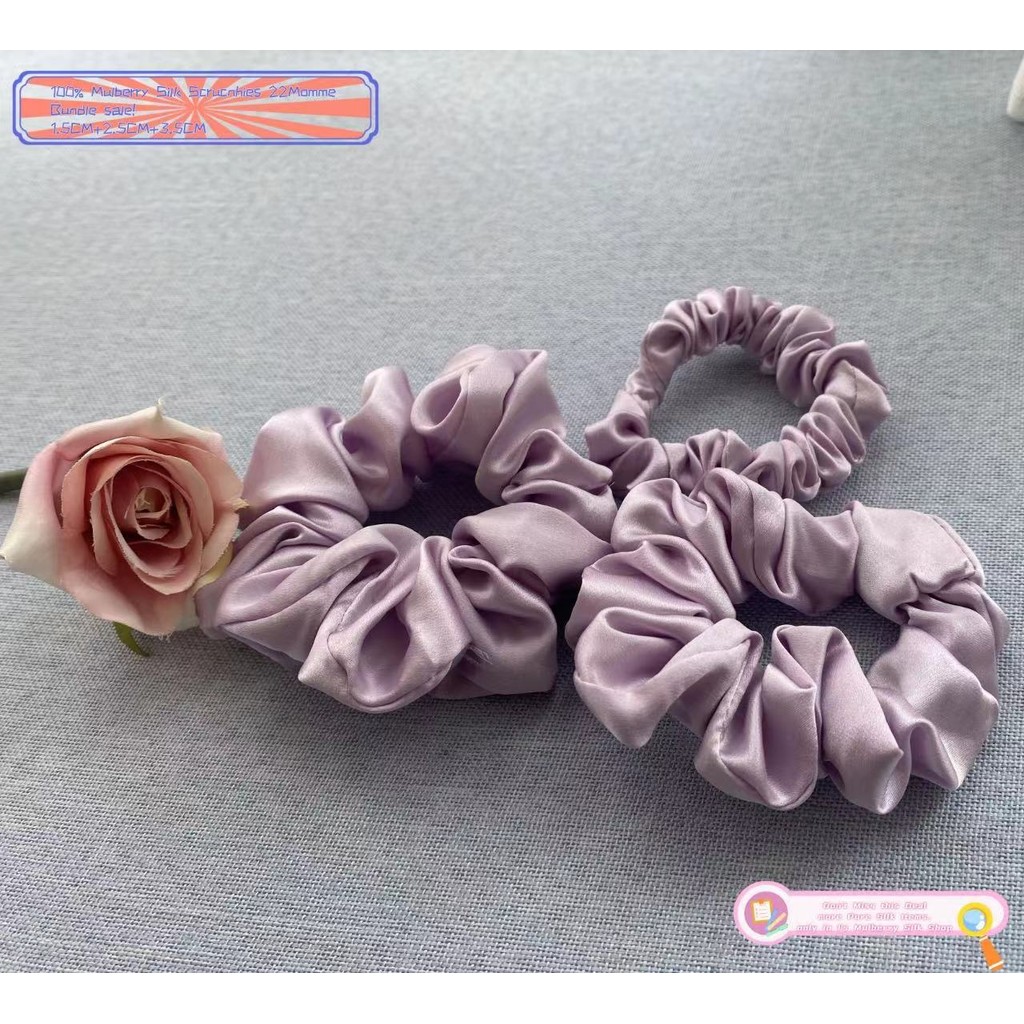 100% Mulberry silk WOmen Scrunchies Bundle ขาย 1.5 ซม.2.5 ซม.3.5 ซม.น่ารักสีม่วง Pure silk Hair Tie ชุดของขวัญ 22Momme