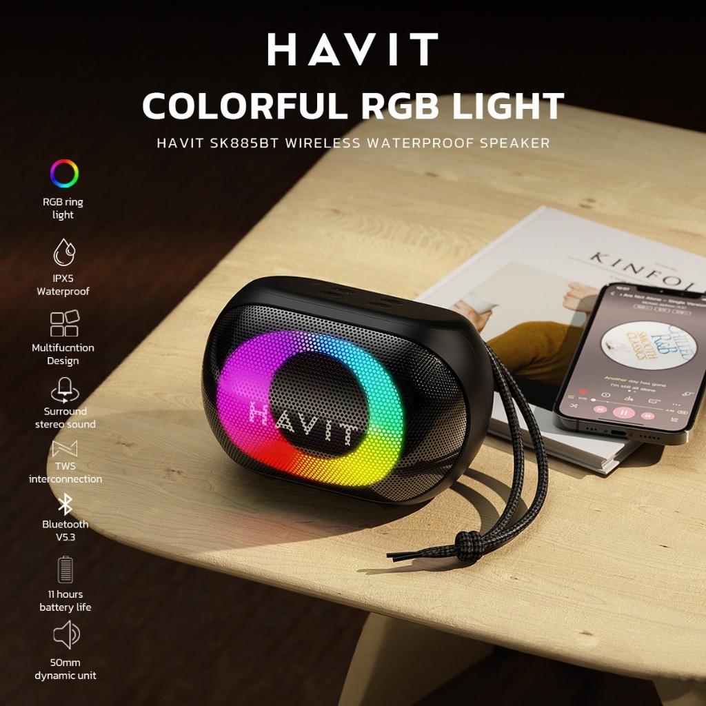 HAVIT ลำโพงมินิ SK885BT RGB Light ไร้สาย เหมาะสำหรับพกพา กันน้ำ