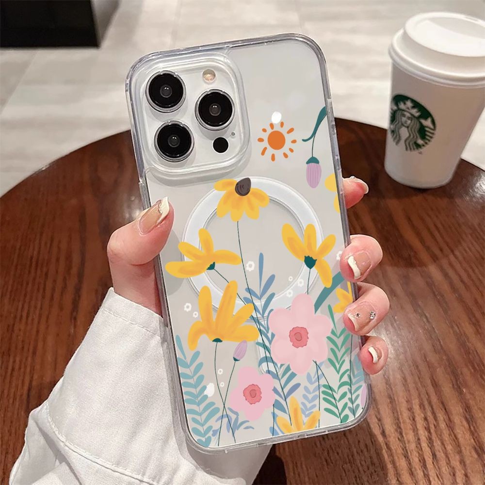 Field สีชมพูและดอกไม้สีเหลืองแม่เหล็กเคสโทรศัพท์สําหรับ IPhone 11 12 13 14 15 16 XS X 7 8 XSMAX SE2 SE3 XR 11PROMAX 13PRO 12MINI ราคาพิเศษ Super การดูดซับกรณี