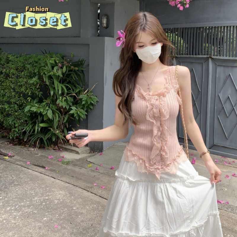 Cilset 🌸พร้อมในสต็อก🌸ผู้หญิง เสื้อกล้ามสไตล์เกาหลี แต่งดีเทลขอบลูกไม้ สีพาสเทล มีฟองน้ำ /FYA075